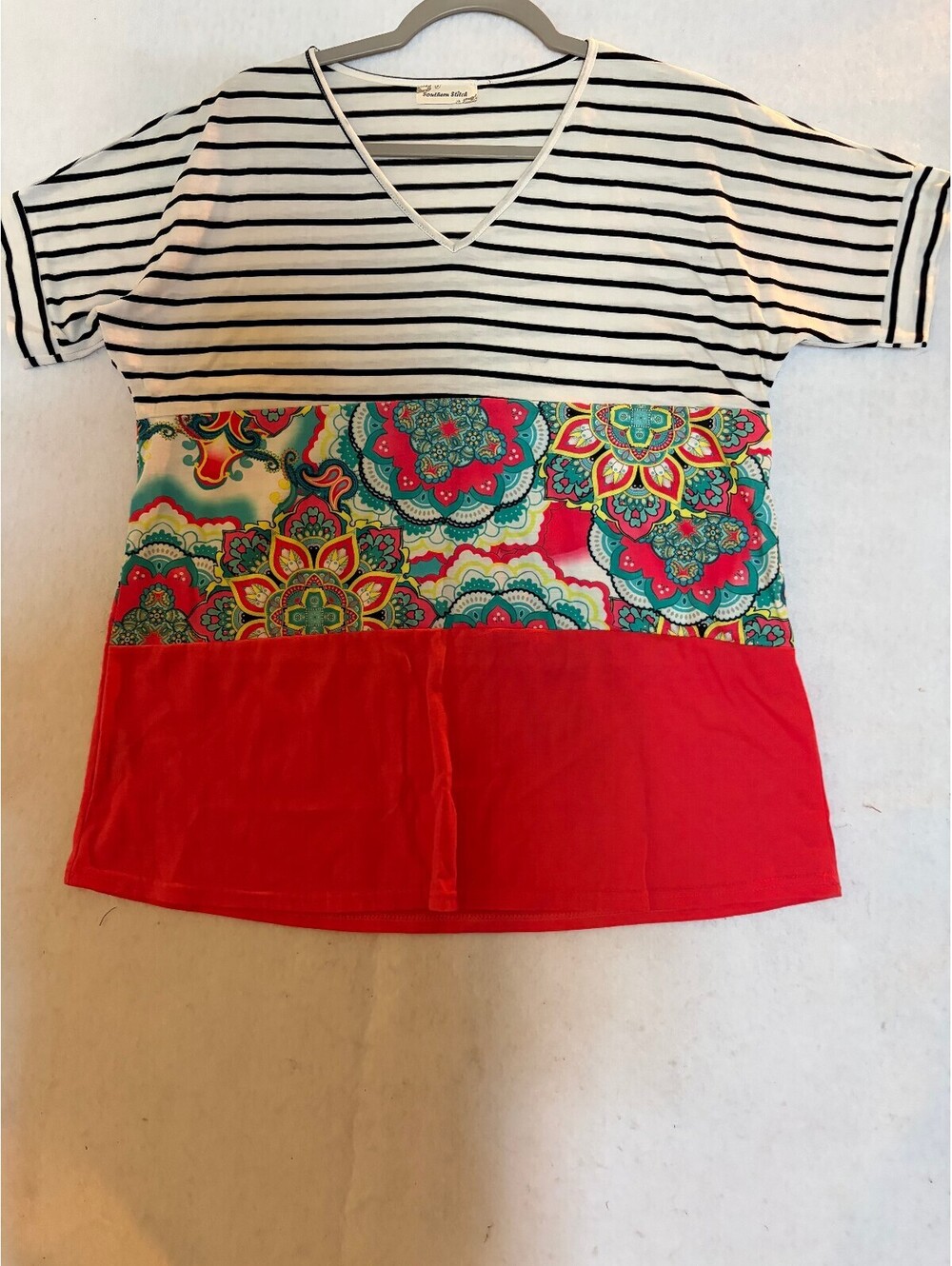 Southern Stitch Women's Color Block V-Neck Shirt with Stripes and Floral Pattern